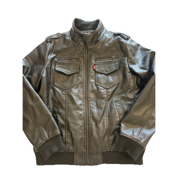 Levi's Men’s Jacket Sz Large Iconic Black Faux Leather Jean Trucker Style Moto - Picture 2 of 16